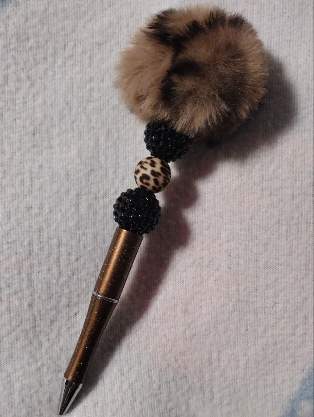 Brown Faux Fur Pom Pom Bead Pen - Elegant Home Office Accessory